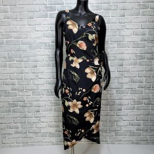 Vintage 90s Sharnel Womens M Black Floral Faux‎ Wrap Midi Sheath Dress